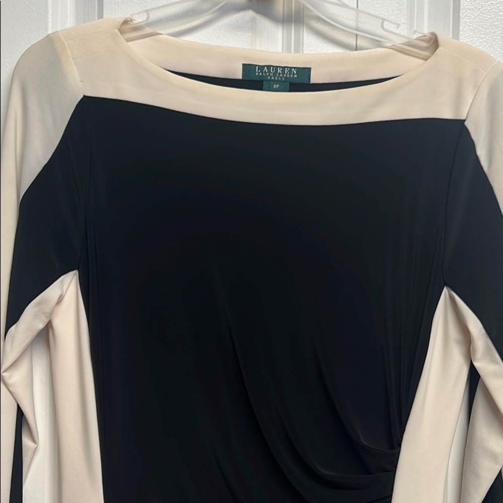 Ralph Lauren Black Cream Sides Strip Mid Sleeve Stretch Body Dress Size 8P - Picture 2 of 6